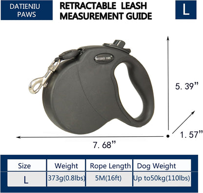 Retractable Dog Leash Hands-Free Adjustable Length 16ft with Safety Lock Durable Nylon Belt for Small Medium Large Dogs Easy Walk Training Portable Dog Leash Black L