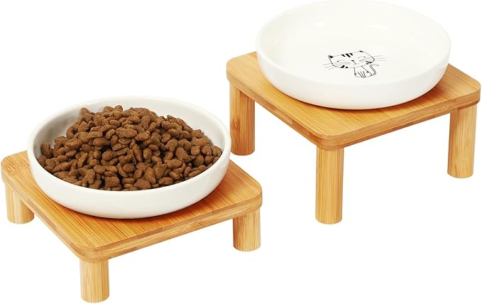 Elevated Cat Bowls for Indoor Cats – Raised Bamboo Cat Bowl Stand with 5.75 Inch Wide Ceramic Dishes, Pet Food Plate Table for Easy Feeding, Whisker Friendly(White,Set of 2)