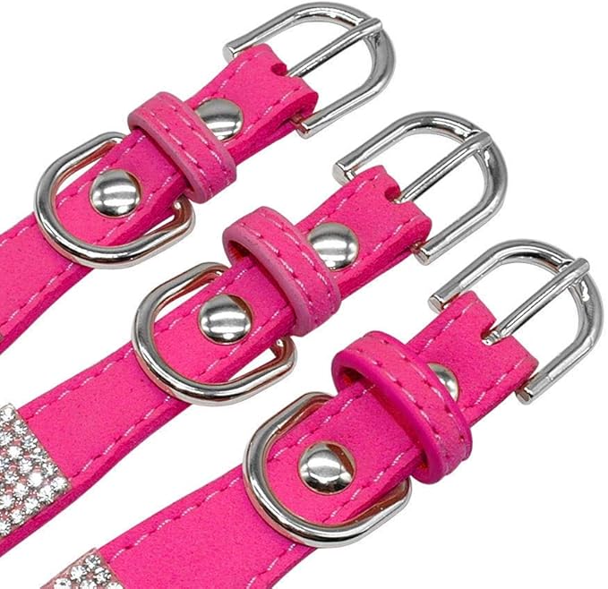 Rhinestone Dog Collar, Cute Dazzling Sparkling Soft Suede Leather Adjustable Pet Dog Cat Collar Crystal Diamond for Puppy Small Medium Large Dogs (S:26-32cm, Hot Pink)