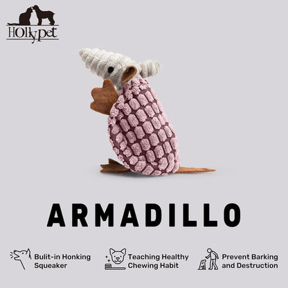 Hollypet Plush Dog Squeaky Toy Stuffed Armadillo Animal Pet Puppy Chew Toys with Clean Teeth for Small Medium Large All Breed Sizes Dogs, Pink, 6 in