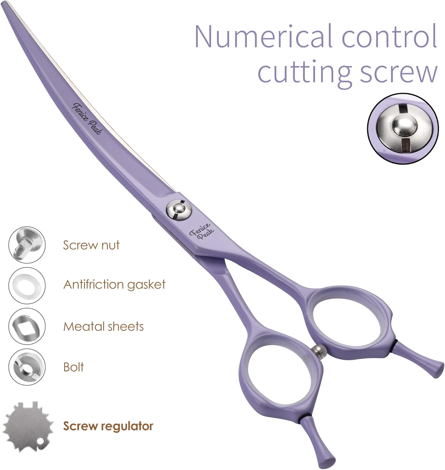 Fenice Peak Curved Dog Grooming Scissors with Violet Color Coating 440C Stainless Steel Pet Grooming Bending Shears Sharp and Durable Comfortable Engonomic Handle