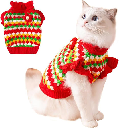 Small Dog Sweater, Knitted Tulip Cat Sweater, Warm Thick Holiday Puppy Clothes for Small Dog Girl,Cold Weather Outfit for Kitten Chihuahua Yorkie Teacup Dachshund Pug (Red, X-Small)