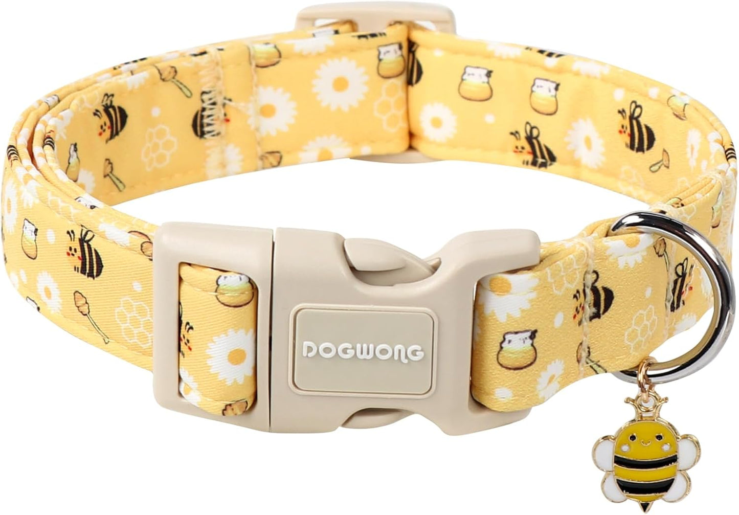 DOGWONG Yellow Bee Dog Collar- Cute Fun Dog Collars Adjustable Designer Spring Puppy Yellowe Dog Collar for Small Medium Large Dogs XL