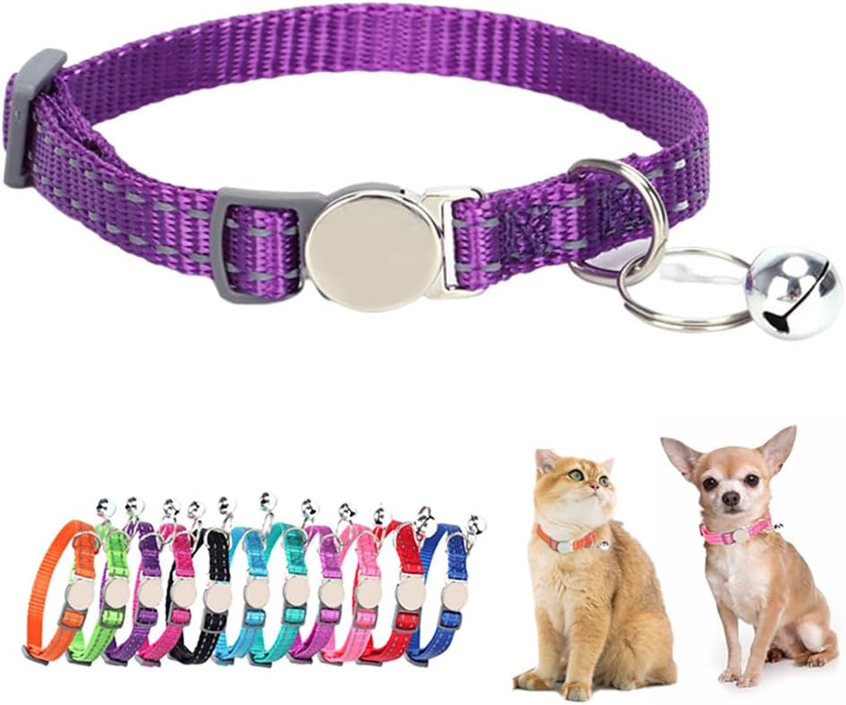 Reflective Cat Collar with Bell, Safety Soft Nylon Breakaway Kitten Collar with Bells, Tiny Puppy Collars for Xs Small Dogs, Neck 7-11 Inch Dark Purple