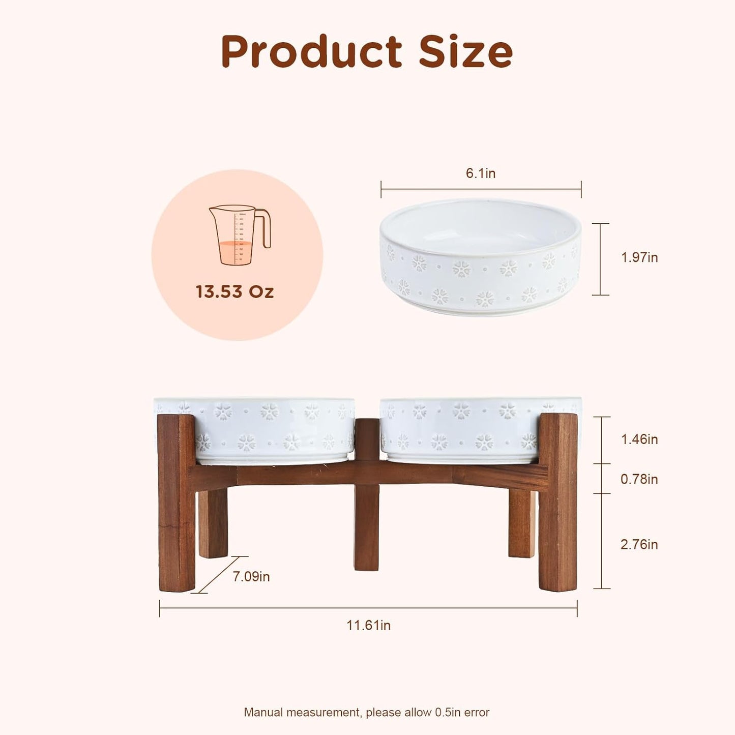 SPUNKYJUNKY Ceramic Dog Bowl Set with Acacia Wood Stand Raised for Small Medium Sized Dog (Shallow, 15.5cm)