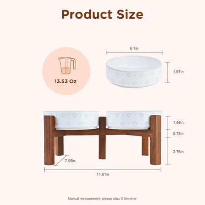 SPUNKYJUNKY Ceramic Dog Bowl Set with Acacia Wood Stand Raised for Small Medium Sized Dog (Shallow, 15.5cm)