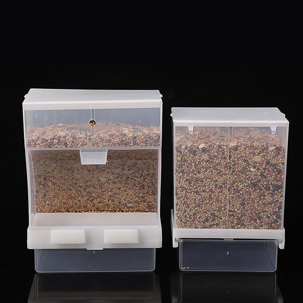 Old Tjikko No Mess Bird Feeder for Cage, Automatic Acrylic Seed Container with Large Hook, Install-Free Parrot Feeder for Budgerigar, Canary, Cockatiel, Parakeet, Finch