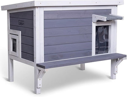 GEGURI Insulated Cat House Outdoor Weatherproof Feral Cat Shelter for Winter Large Wooden Enclosure with Escape Door
