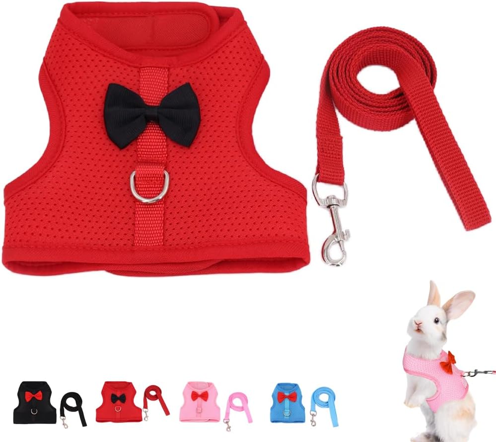Rabbit Leash and Harness Set for Walking Escape Proof, Mesh Breathable Adjustable Bunny Harness Camping Hiking Training for Ferret Kitten Puppy Red S Young Rabbit 1-3 Months
