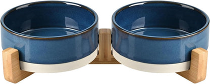 SPUNKYJUNKY Ceramic Dog and Cat Bowl Set with Wooden Stand, Modern Cute Weighted Food Water Bowl Set for Small Size Dogs (1.7 Cups, 2 × Pattern Blue)