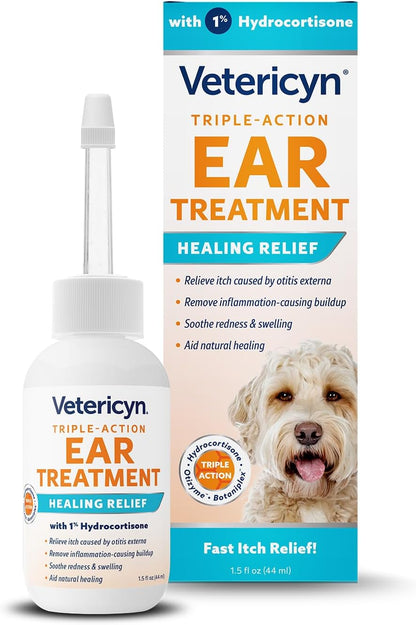 Vetericyn Triple-Action Ear Treatment for Dogs & Cats - 1% Hydrocortisone Ear Drops for Dog Ear Infection Relief - Fast Itch Relief & Healing with Otizyme Blend. 1.5 Ounce
