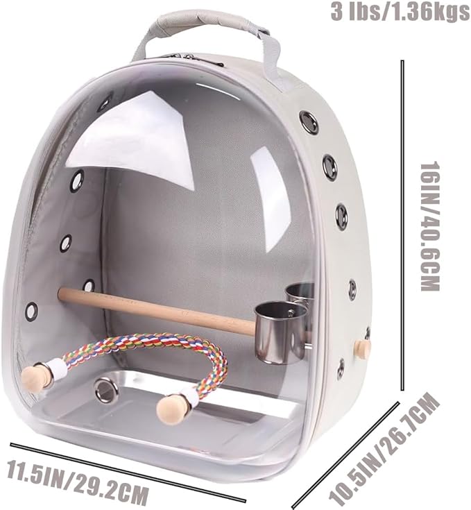 Bird Traval Carrier Cage, Multi Vent Holes Clear Space Capsule Astronaut Backpack to Carry Parakeet Cockatiel Parrot with Metal Tray Wood Perch, Vet Transport Book Bag