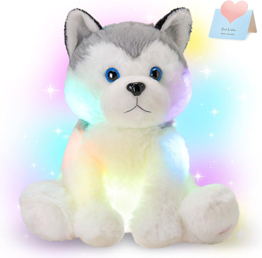 Houwsbaby 12'' Gray Light up Husky Stuffed Animal Dog Floppy LED Plush Toy Puppy Night Lights Glow Pillow Birthday Festival for Kids Toddler Girls