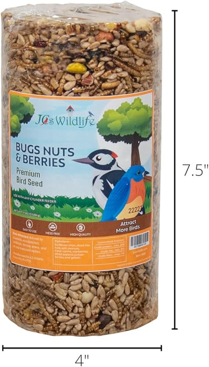 JCs Wildlife Bugs, Nuts and Berries Premium Bird Seed Small Cylinder, 1.5 lb (1 Cylinder)
