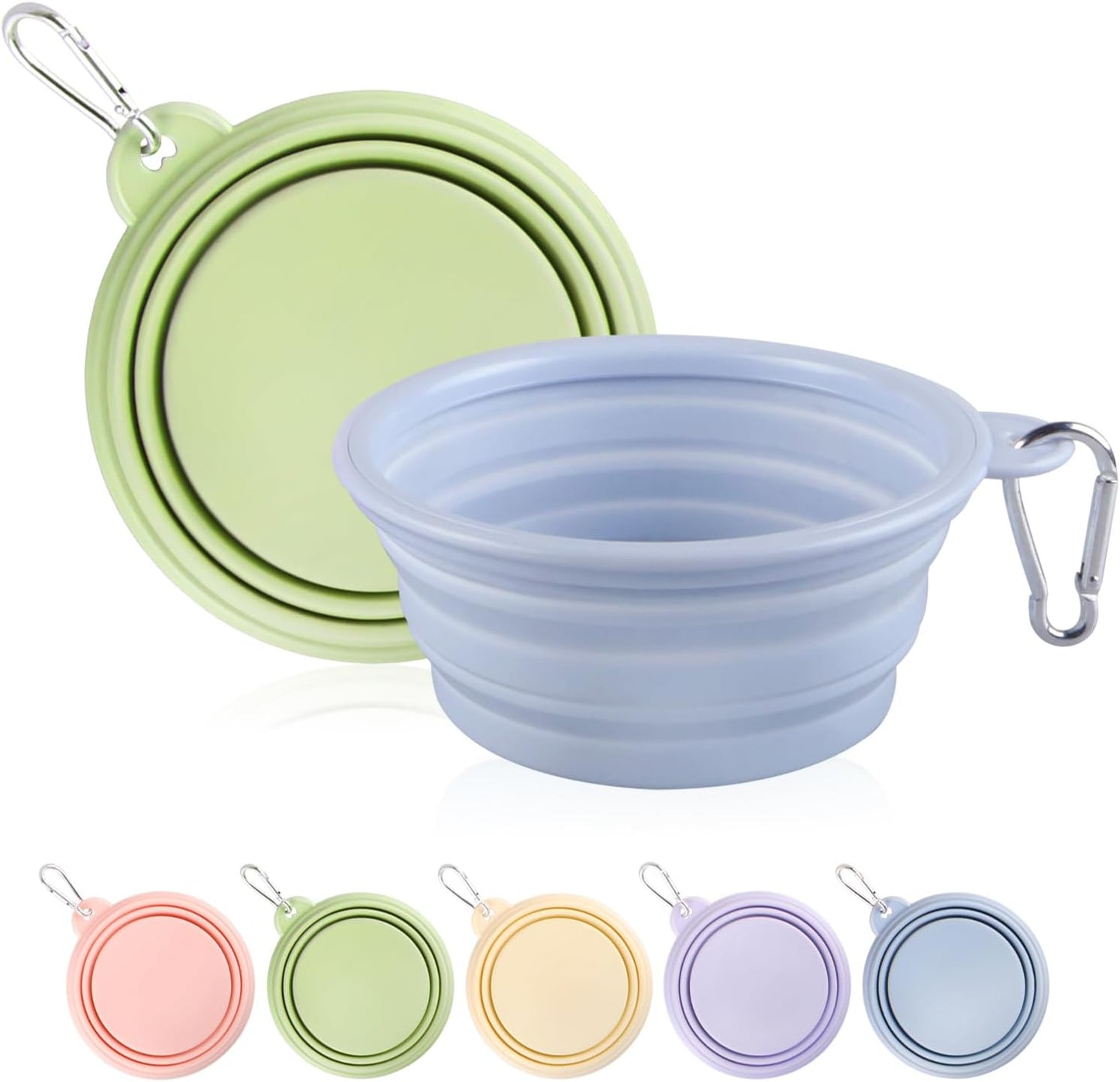 Collapsible Dog Bowls 2-Pack, Portable Travel Dog Bowl with Carabiner, Food-Grade Silicone Pet Bowl for Hiking, Walking (Macaron Blue and Green)