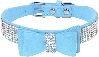 Rhinestone Dog Collar, Cute Dazzling Sparkling Soft Suede Leather Adjustable Pet Dog Cat Collar Crystal Diamond for Puppy Small Medium Large Dogs (M:32-38cm, Light Blue-1)