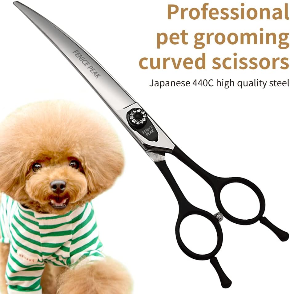Fenice 8.0 inch Dog Grooming Curved Scissors with Jeweled Screw for Pets Japan 440C Stainless Steel Sharp Blade Light Weight Comfortable for Right Handed Groomers