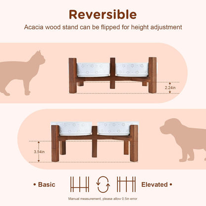 SPUNKYJUNKY Ceramic Dog Bowl Set with Acacia Wood Stand Raised for Small Medium Sized Dog (Shallow, 15.5cm)