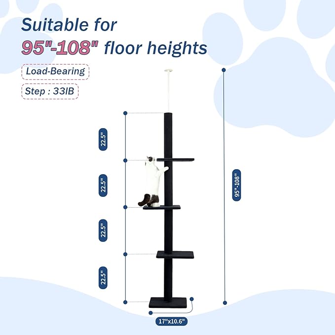 Max & Marlow Cat Tree Floor to Ceiling Cat Tower Height 95-108" Adjustable Kitten Tree Tall Climbing Tree with Carpet Scratching Post and Mat Cat Pole for Indoor Cats, Charcoal