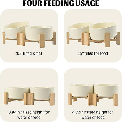 SPUNKYJUNKY 15° Slanted Ceramic Dog and Cat Bowl with Wooden Stand, Tilted Bulldog Food and Water Bowl No Slip Non-Spill for Cats Medium Dogs Big Face Pets 28.7 OZ (3.6 Cups, Beige × 2)