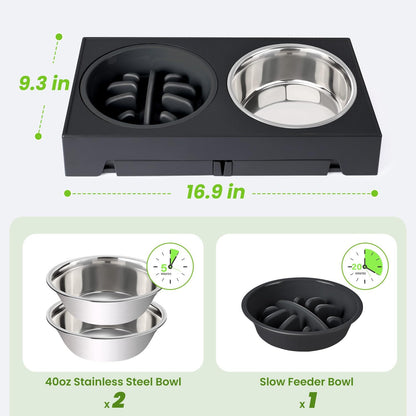 Heeyoo Elevated Dog Bowls - 5 Adjustable Heights Stand, 2 Stainless Steel Bowls & 1 Slow Feeder, 3.2" to 12.2" for Small to Large Dogs