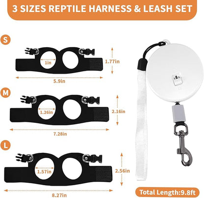 3 Pack Bearded Dragon Leash and Harness Set, Retractable 9.8FT Leash with 3 Sizes Adjustable Soft Harness for Reptile Small Animals Walking, Cute Lizard Vest Clothes for Reptile Lovers -Black
