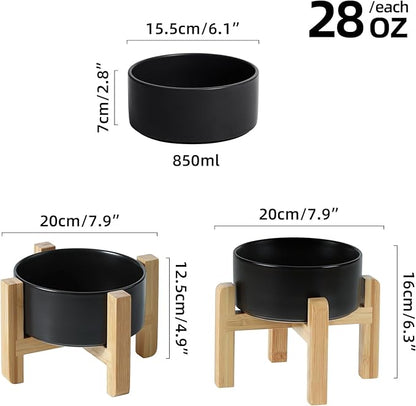 Ceramic Raised Dog and Cat Bowl Set, 2 Heights Elevated Stand, Food and Water Bowl for Small Breed Dogs, Weighted Dog Dishes, Pet Bowl(6.1'',28.7oz, Black)