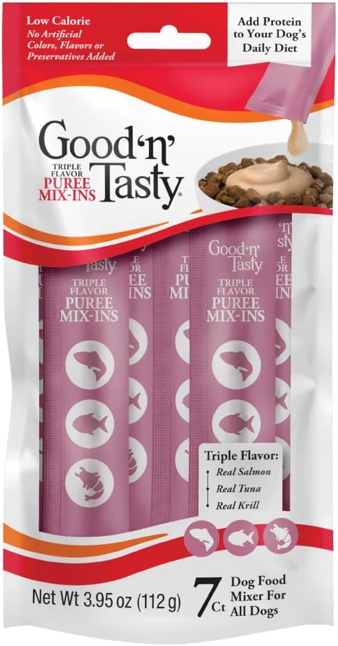 Good 'n' Tasty Triple Flavor Puree Mix-Ins Dog Food Topper Treats for All Dogs, 7 Count, Easy Single-Serve Portions, Added Protein with Salmon, Tuna and Krill, No Chicken or Beef Added