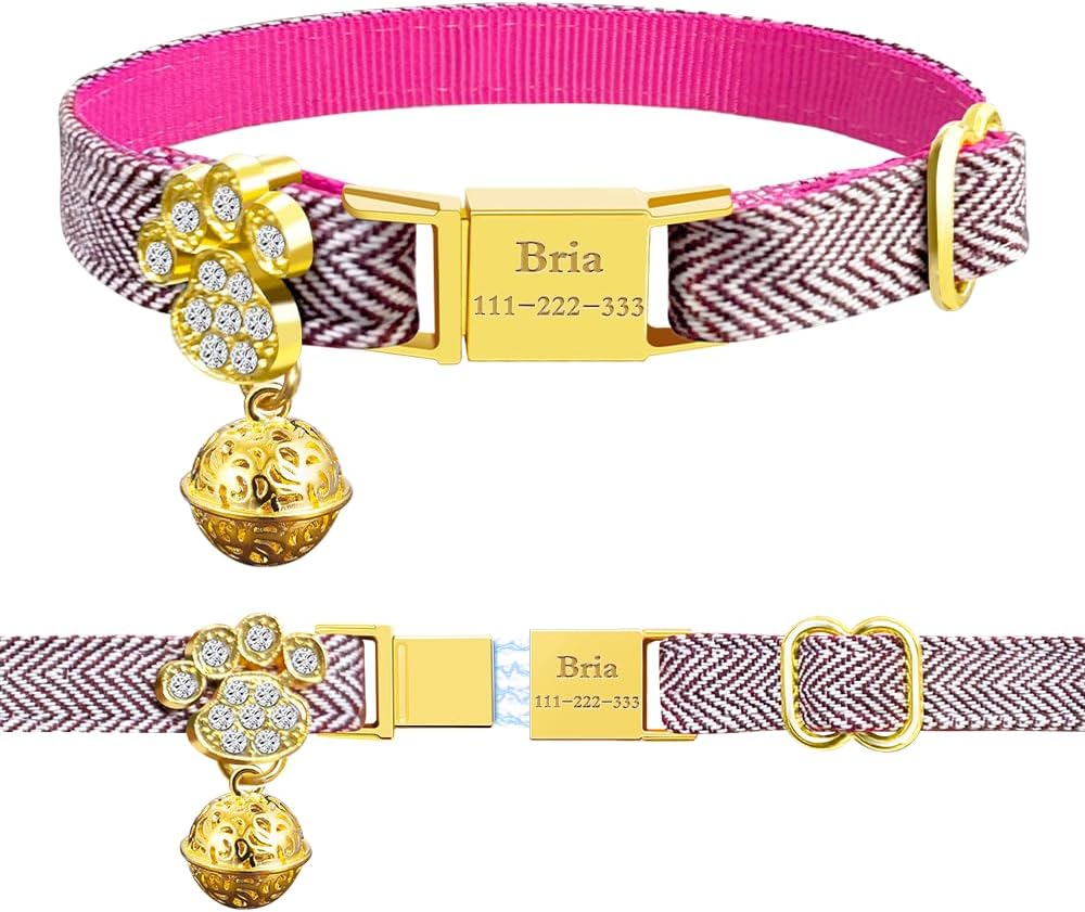 Personalized Breakaway Cat Collars - Magnetic Buckle, Bell - Safety Quick Release, Customized for Girls & Boys Cats- (Herringbone-Rose Red)