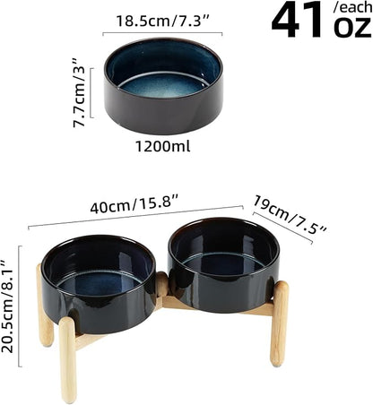 Ceramic 7.3inch Raised Double Bowls Set with Wooden Stand, Food & Water Bowls for Medium Breed Dogs, Weighted Dog Dishes, Pet Feeder(Starry Sky)
