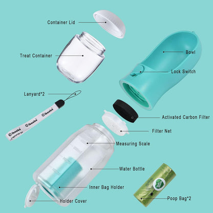 Dog Water Bottle with Food Container & Poop Bag Holder, Travel Water Bowl, Portable Pet Dispenser, Dog Gifts Stuff Accessories Items, Puppy Essentials for Yorkie Chihuahua Walking Hiking