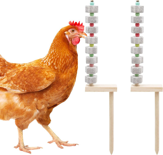 Oooct 2 Pack Chicken Chewing Toy, Chick Beak Grinding Calcium Stone with Wood Stake, Chicken Cage Accessories, Cage Toys for Cockatiel Parakeet Parrot Budgies Rat Hamster Rabbit Bunny African Grey