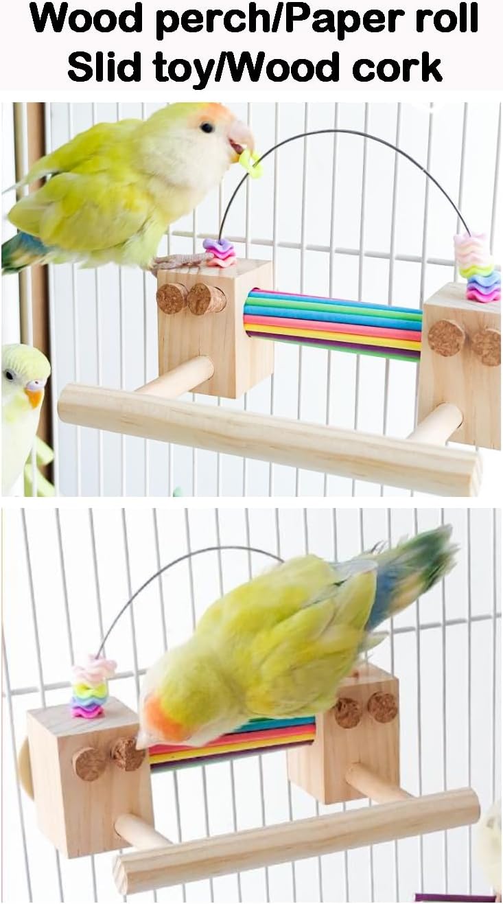 Parrot Cage Toy(4 Functions) Perch Standing with Colorful Beads Foraging Smart Toy Soft Corks for Small to Regular Size Parrot Cockatiel Birds
