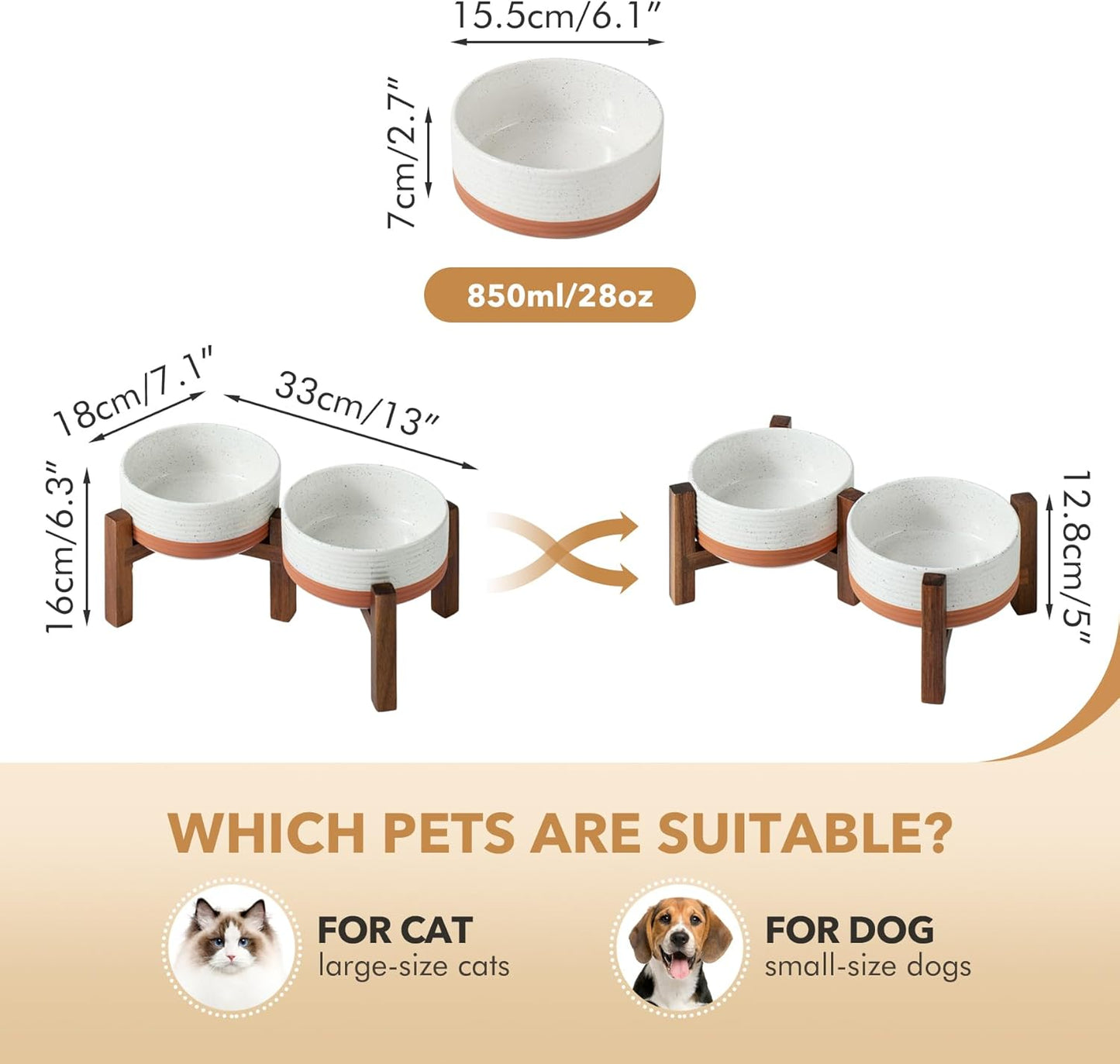 Ceramic 6.1inch Raised Double Dog Bowls Set with Acacia Wood Stand, 2 Heights Elevated, Food & Water Bowls for Small Dogs(28.2oz, Vanilla White)