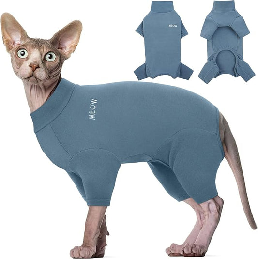 ROZKITCH Hairless Cat Jumpsuit, Breathable Soft Jumpers for Sphynx Only, Coat with Four Legs, Warm Sweater T-Shirt Pajamas Jumpsuit Vest Cornish Rex, Devon Rex, Peterbald Blue M