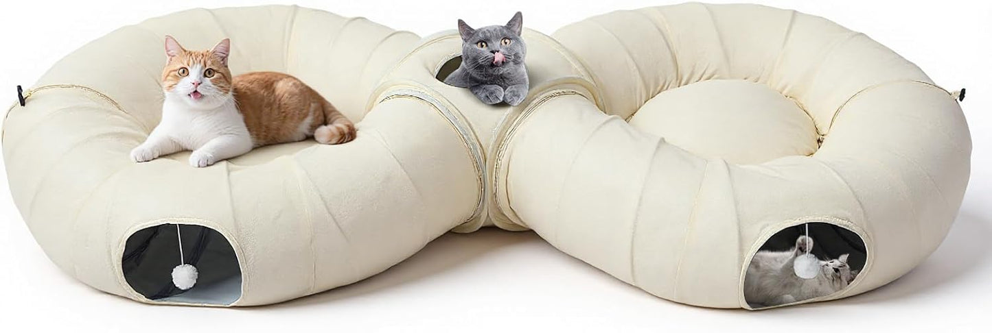 Pawaboo 2-in-1 Cat Tunnel Bed for Indoor Cats, 8-Shaped Large Cat Tunnels with Plush Cushions, Foldable Cats Cave Hideout Kitty Toys with Fluffy Balls, Donut Tunnel for Kitten Rabbit Ferret,Beige