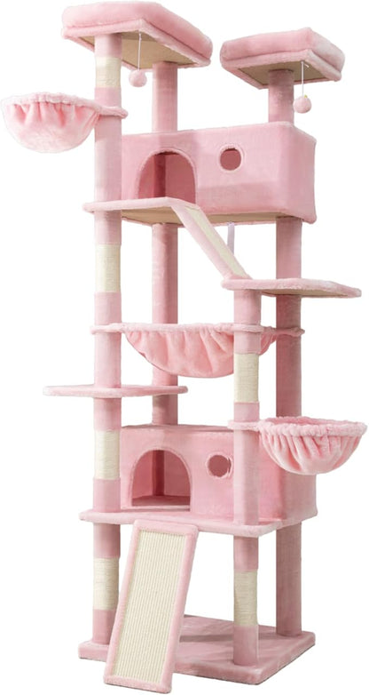 SHA CERLIN 81in Multi-Level Tall Cat Tree Tower for Indoor Kitties/Larger Cat Condo Furniture with Hammock/Cozy Pussycat Perches/Sisal Scratching Posts/Pet House/Wide Base/Pink