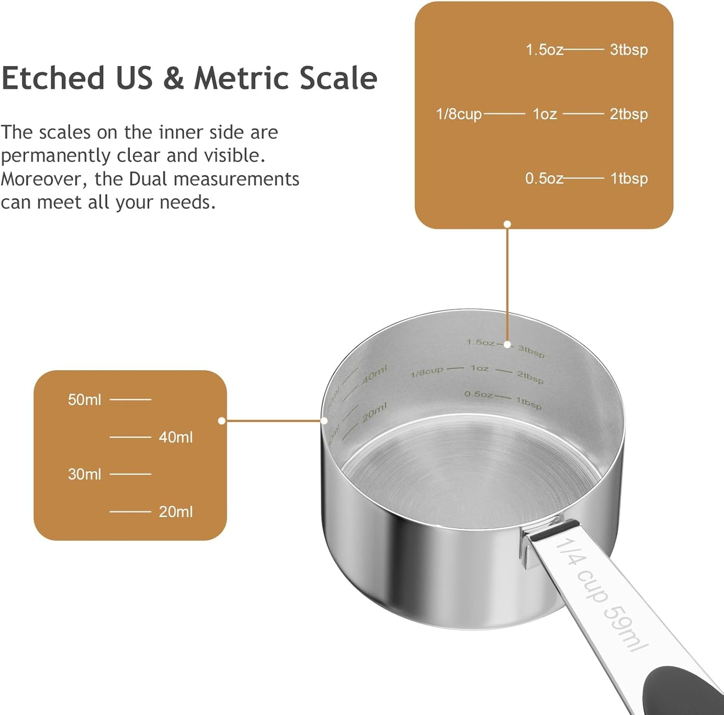 2PCS 1/4CUP(59ml) Dog Cat Food Scoop, Stainless Steel Measuring Cup, Metal Pet Scooper with Inner Precision Scale Measurement