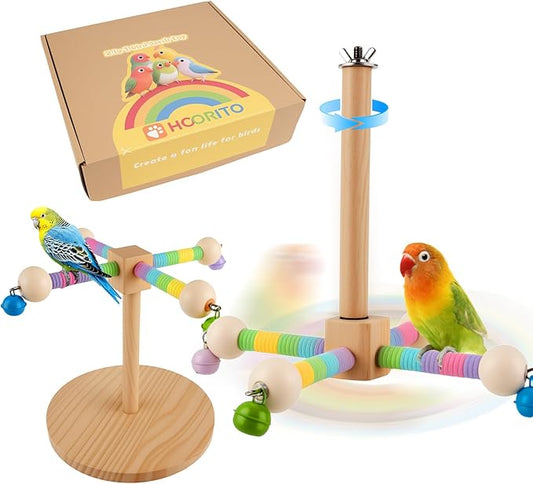 Bird Perch Toy,360°Interactive Rotating Bird Perches for Cage,2-in-1 Wooden Stand Can be Used Inside&Outside Cage,Parrot Toys for Parakeets Lovebirds Conures Budgies Cockatiels