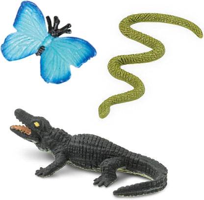 Safari Ltd. Good Luck Minis Rainforest Fun Pack – 8 Mini Figurines Including Snake, Frogs, Butterfly, Chimpanzee, Orangutan, Caiman, Bear – Educational Toy Figures for Boys, Girls & Kids Ages 5+