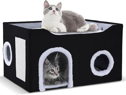 Cat House for Indoor Cats – Foldable Cat Cave & Covered Cat Bed, Cozy Hideaway for Small Pets and Large Cats (23.6"x16"x12.8"),Black