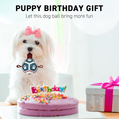 QDAN Small Dog Toys, Puppy Balls, Dog Balls with Straps for Small Breed, Soccer Ball for Dogs, Puppy Toys, Dog Birthday Gift (Blue Red, 3.5 inch)