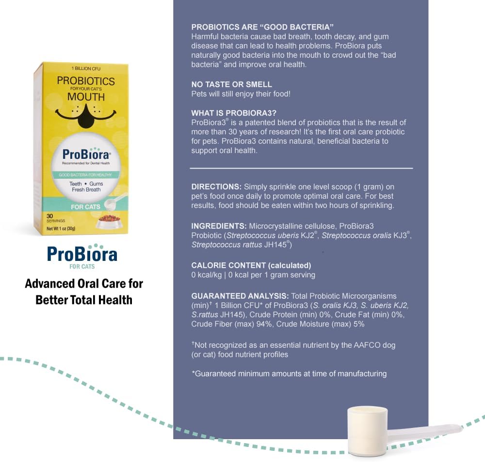 Probiora for Cats | Oral Care Probiotic Supplement | Pet Probiotics to Reduce Bad Breath | Cat Nutritional Supplement for Dental Health | 30 Servings (Jar) (30 Serving (Pack of 1), Jar)