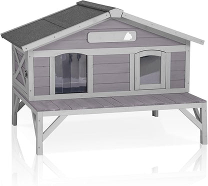 GUTINNEEN Outdoor Cat House Outside Feral Cat Shelter Weatherproof with Large Porch, Escape Door and Name Plate 43.5" L