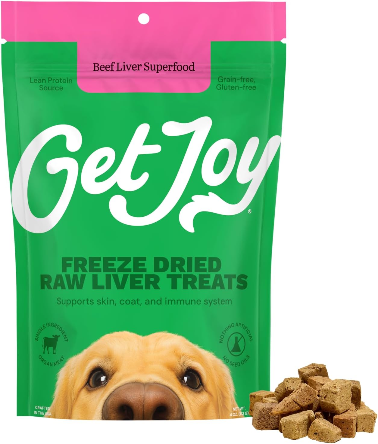 Get Joy Freeze Dried 100% Beef Liver Dog Treats, 4oz | Single Ingredient Organ Meat, High Protein Raw Dog Food Topper, Snack & Training Rewards | Grain Free, Gluten Free, Filler Free