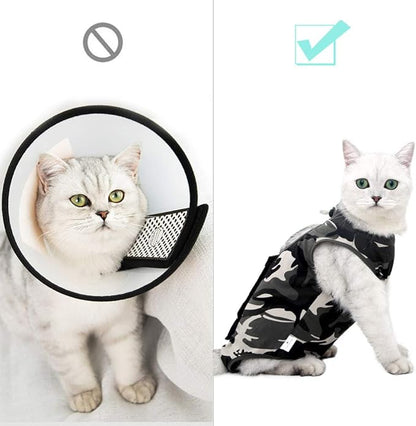 Cat Recovery Suit for Male and Female Surgical Post Surgery Soft Cone Onesie Shirt Clothes Neuter Licking Protective Diapers Outfit Cover Kitten Spay Collar(L, Camouflage)