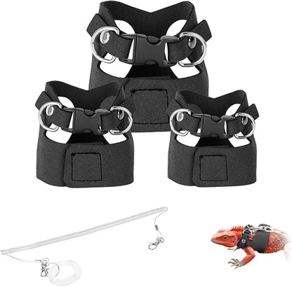 3 Pack Escape-Proof Bearded Dragon Leash - Adjustable Leather Vest and Retractable Nylon Leash, Bearded Dragons Accessories for Chameleons & Small Pets (S/M/L,Black)