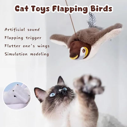 Interactive Chirping Bird Cat Toys with Flapping Wings, 2025 New Flying Birds Cats Toy, Flying Simulation Electric Sparrow Shaking Hunting Pet Toy for Indoor (Brown)