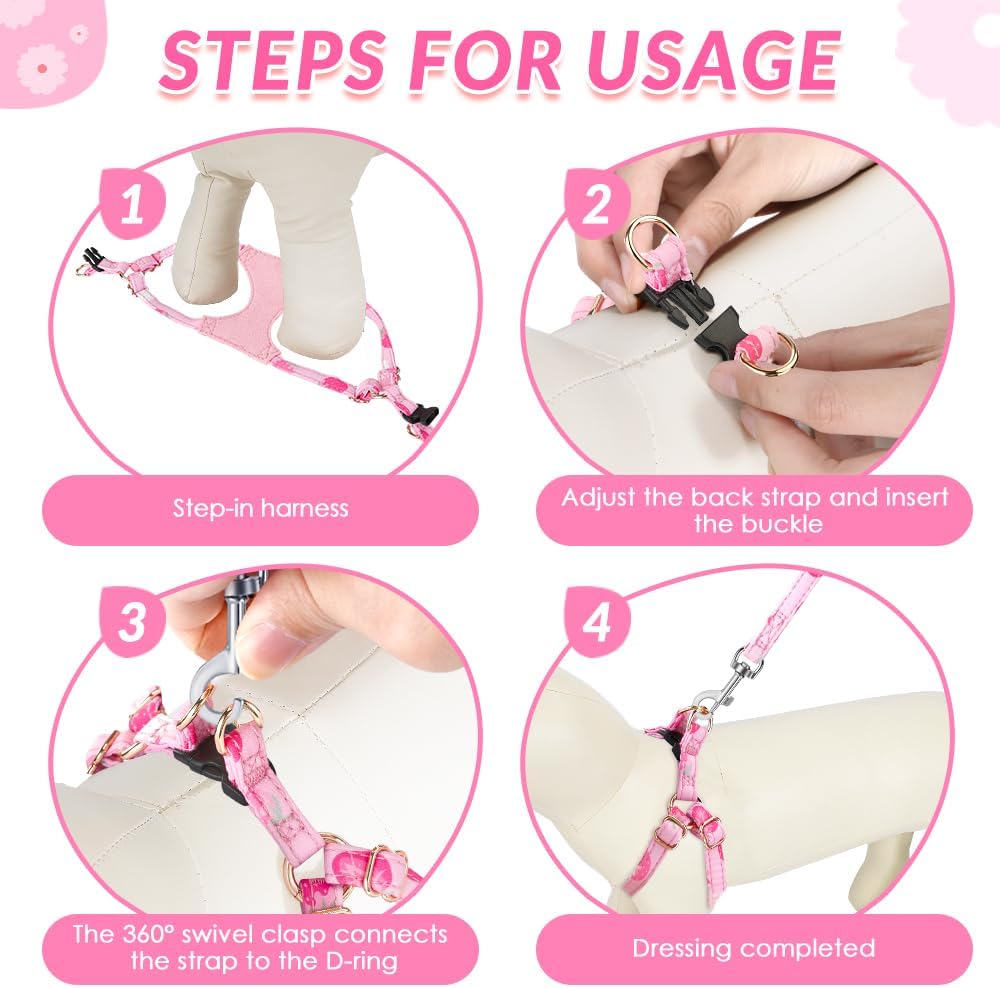 SlowTon No Pull Dog Harness with Leash - Soft Lightweight Floral Pattern Puppy Harness, Adjustable Pet Harness for Small Medium Dogs (Strawberry M)