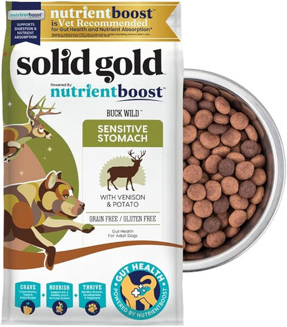Solid Gold Dry Dog Food for Sensitive Stomachs - Grain Free & Gluten Free w/Venison, Pumpkin & Probiotics for Gut Health & Digestion - Sensitive Stomach Dog Food for All Ages - Nutrientboost – 22LB